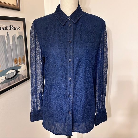 Tory Burch Tops - Tory Burch Navy Blue Lace Mesh Long Sleeve Blouse Top Size 8